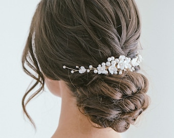 Pearl Flowers Hair Vine, White Flower Hair Vine, Bridal Hair Flower, Flower Hair Vine, Gold Floral Hair Comb, Wedding Headpiece, "Tessa"