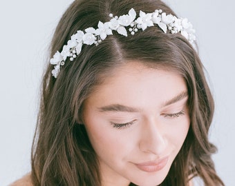 Bridal Flower Headband, Wedding Flower Crown , White Floral Headpiece, Floral Hair Vine, Wedding Floral Crown, "Fleur"