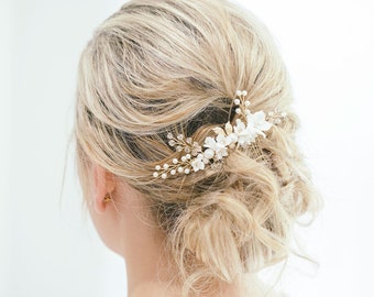 Bridal Crystal Flower Gold Pearl Hair Comb, Ivory Flower Hair Comb, Bridal Hair Flower, Flower Hair Vine, White Flower Comb, "Natalie"