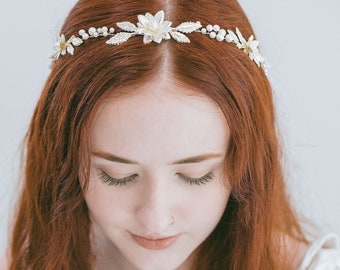 Bridal Hair Vine Headband Floral Gold Pearl, Floral Hair Vine, Gold Leaf Hair Vine, Bridal Up-do Hair Accessories, Flower Vine, "Addison"