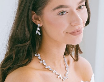 Bridal Necklace and Earring Set, Leaf Vine Crystal Necklace, Prom Jewelry Set, Wedding CZ Crystal Necklace, "Francesca"