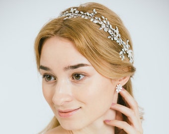 Bridal Headband Opal and Crystal, Rhinestone Wedding Headband, Opal Headpiece, Wedding Hair Accessory, Bridal Crystal Hair Vine, "Avery"