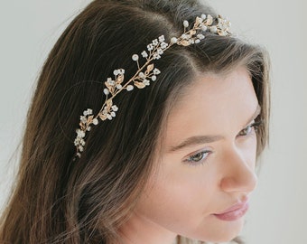 Gold Leaf Pearl Headband, BOHO Headband, Bridal Wreath, Pearl Hair Vine, Leaf Hair Vine,  Wedding Hair Accessory "Hannah"