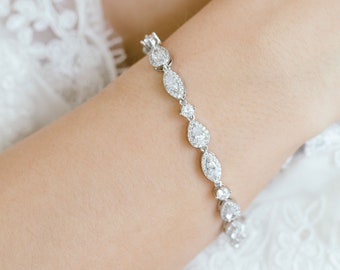 Sparkling CZ Wedding Bracelet, Crystal Pear Cut Bracelet, Bridesmaid Jewelry, Crystal Wedding Jewelry Set, Bridesmaid Jewelry, "Myra"