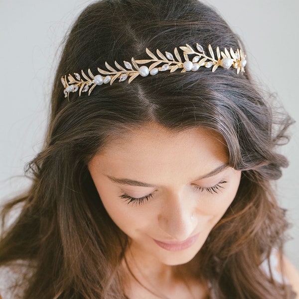 Bridal Tiara Headband Boho Grecian Leaf, Bridal Gold Tiara, Bridal Crown, Leaf Headband, Bridal Crown Headpiece, "Susannah"
