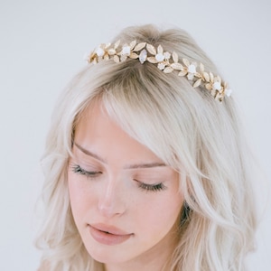 Bridal Grecian Leaf Flower Crown, Gold Grecian Tiara, Gold White Flower Headband, Bridal Floral Tiara, Bo-ho Wedding Crown, "Corinne"