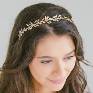 Bridal Gold Leaf Crystal Headband, Gold Leaf Hair Vine, Boho Wedding Headband, Bridal Simple Tiara, &quot;Ruth&quot;