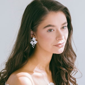 Bridal White Floral Earrings, Clay Flower Earrings, Wedding Flower Earrings, Bridal BOHO Earrings, Bridesmaid Earrings, Blaise image 3