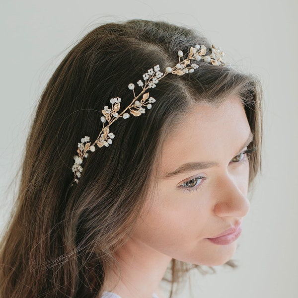 Gold Leaf Pearl Headband, BOHO Headband, Bridal Wreath, Pearl Hair Vine, Leaf Hair Vine,  Wedding Hair Accessory "Hannah"