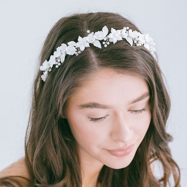 Bridal Flower Headband, Wedding Flower Crown , White Floral Headpiece, Floral Hair Vine, Wedding Floral Crown, "Fleur"
