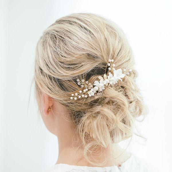 Bridal Crystal Flower Gold Pearl Hair Comb, Ivory Flower Hair Comb, Bridal Hair Flower, Flower Hair Vine, White Flower Comb, "Natalie"