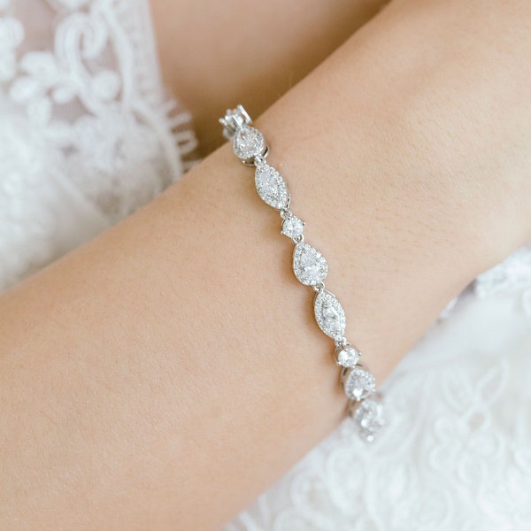 Sparkling CZ Wedding Bracelet, Crystal Pear Cut Bracelet, Bridesmaid Jewelry, Crystal Wedding Jewelry Set, Bridesmaid Jewelry, "Myra"