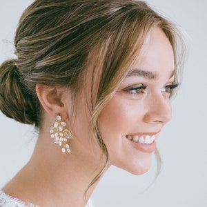 Natural Pearl Dangle Spray Earrings, Gold Wedding Jewelry, Bridal Flower Earrings, Wedding Jewelry, Bridal Dangle Earrings, &quot;Belle&quot;