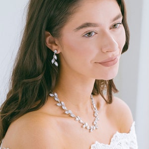 Bridal Necklace and Earring Set, Leaf Vine Crystal Necklace, Prom Jewelry Set, Wedding CZ Crystal Necklace, "Francesca"