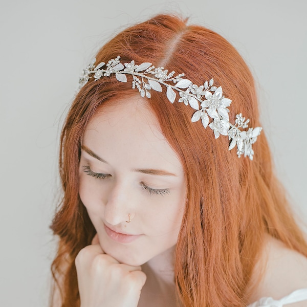 Bridal Headband Silver Floral, Bridal Floral Headband, Wedding Crystal Headband, Wedding Hair Vine, Floral Hair Vine, “Phoebe”