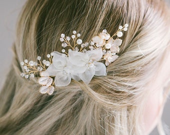 Bridal Silk Flower Side Hair Comb, Gold Pearl Hair Comb, Bridal Flower Side Comb, Floral Headpiece, Wedding Hair Accessory, "Marion"