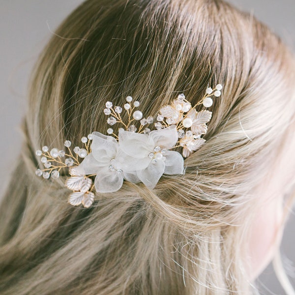 Bridal Silk Flower Side Hair Comb, Gold Pearl Hair Comb, Bridal Flower Side Comb, Floral Headpiece, Wedding Hair Accessory, "Marion"