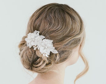 Bridal Fabric Flower Hair Clip, Bridal Silk Flower Hair Accessory, Floral Headpiece, Lace Headpiece, Flower Hair Clip "Ramona"