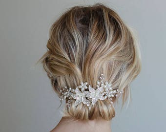 Bridal hair comb, Bridal Headpiece, Silver bridal hair comb, Crystal flower hair comb, Silver hair vine, Silver hair comb, "Emma"