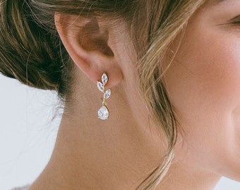 Crystal Leaf Drop Earrings, Wedding CZ Earrings, Bridesmaid Jewelry, Wedding Earrings, Simple Crystal Earrings, "Yolanda"