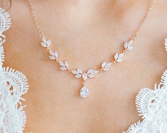 Bridal Simple Necklace, Bridal Crystal Necklace, Rhinestone Necklace, CZ Wedding Jewelry Set, Bridal Jewelry, "Heather"