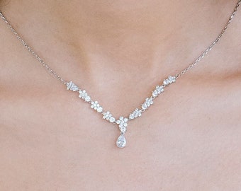 Crystal Flower Necklace, Bridal Simple Necklace, Bridesmaid Jewelry, Rhinestone Mini Necklace, CZ Wedding Jewelry, Bridal Jewelry, "Lark"