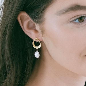 Bridal Pearl Hoop Drop Earrings, Minimalist Wedding Pearl Earrings, Natural Freshwater Pearl Dangle Earrings, &quot;Shanae&quot;