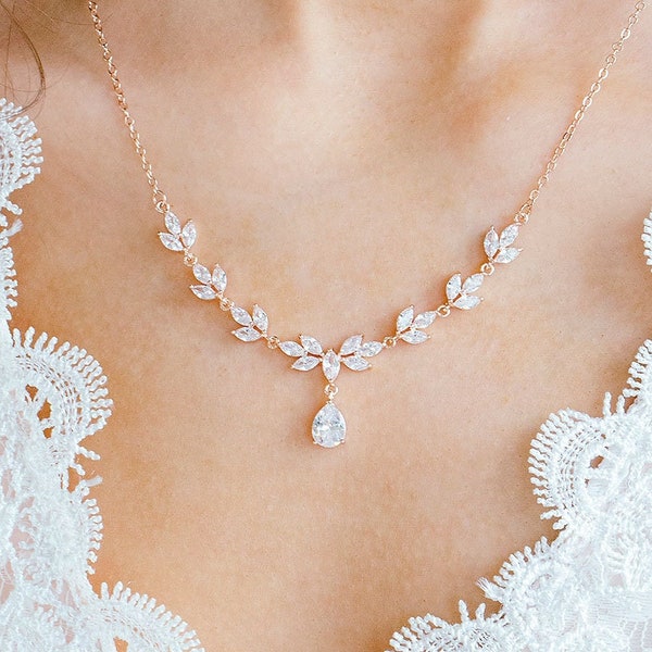 Bridal Simple Necklace, Bridal Crystal Necklace, Rhinestone Necklace, CZ Wedding Jewelry Set, Bridal Jewelry, "Heather"