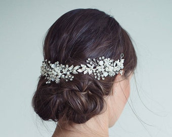 Bridal Hair Vine Silver or Gold with Pearls and Leaves,  Gold hair vine, Bridal wreath,  Bridal Crown, Leaf hair vine, Flower Vine, "Laila"