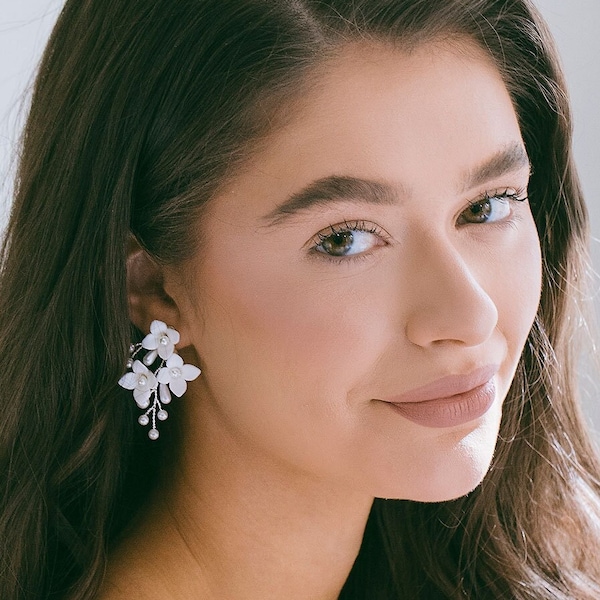 Bridal White Floral Earrings, Clay Flower  Earrings, Wedding Flower Earrings, Bridal BOHO Earrings, Bridesmaid Earrings, "Blaise"