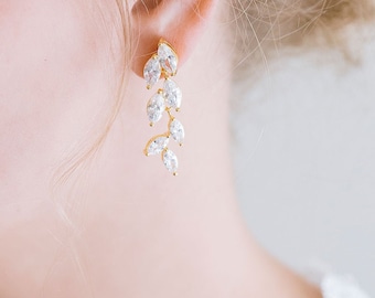 Bridal Wedding Leaf Earrings, Bridal Earrings, Drop Earrings, Rhinestone Earrings, Gold Earrings, Bridal Jewelry, "Acacia"