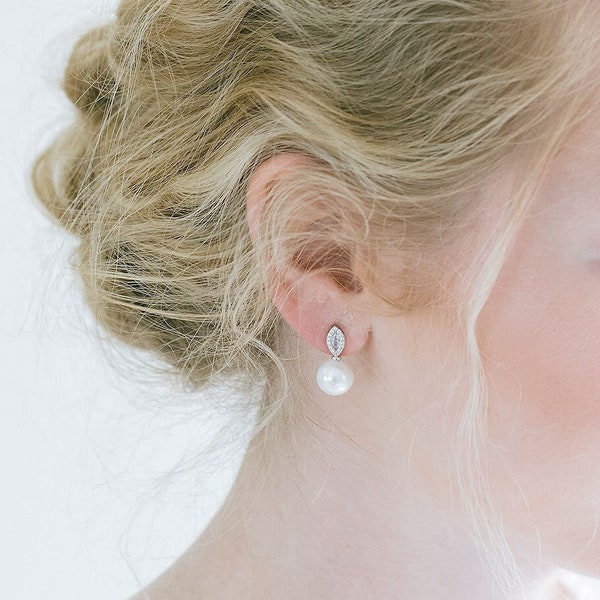 Bridal Crystal Pearl Dangle Stud Earrings Wedding Jewelry, Bridal Jewelry, Stud Earrings, Pearl Earrings, "Rylan"