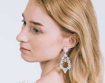 Bridal Crystal Drop Dangle Wedding Earrings, Crystal Floral Earrings, Wedding Earrings, Rhinestone Earrings, Chandelier Earrings, "Cora"