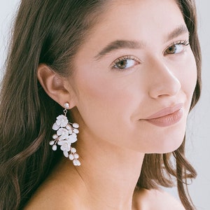 Wedding White Floral Drop Earrings, Genuine Pearl Spray Earrings, Flower Chandelier Earrings, Bridal Flower Earrings, &quot;Rayne&quot;