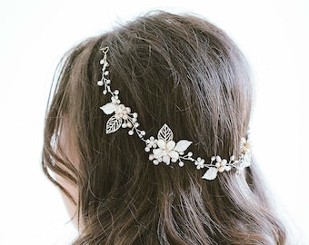Bridal Gold Pearl Crystal Hair Vine, Wedding Pearl Hair Vine, Flower Hair Vine, Silver Pearl Crystal Hair Vine, "Petra"