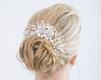 Bridal Crystal Pearl Flower Hair Comb, Bridal Flower Hair Comb, Floral Hair Comb, Bridal Headpiece, Bridal Hair Accessories, "Hazel"