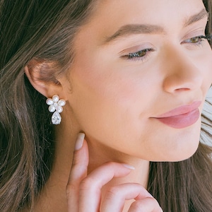 Bridal Natural Pearl Crystal Flower Stud Earrings, Flower Earrings, Wedding Jewelry, Bridal Jewelry, Stud Earrings, Pearl Earrings, &quot;Myrtle&quot;