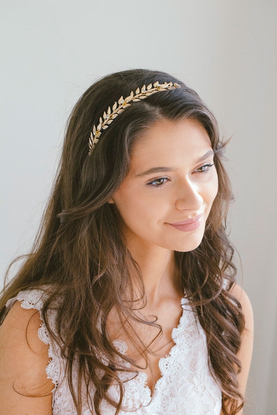 Gold Leaf Crystal Headband, Gold Leaf Hair Vine, Wedding  display picture 2