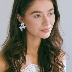 Bridal White Floral Earrings, Clay Flower Earrings, Wedding Flower Earrings, Bridal BOHO Earrings, Bridesmaid Earrings, Blaise image 6