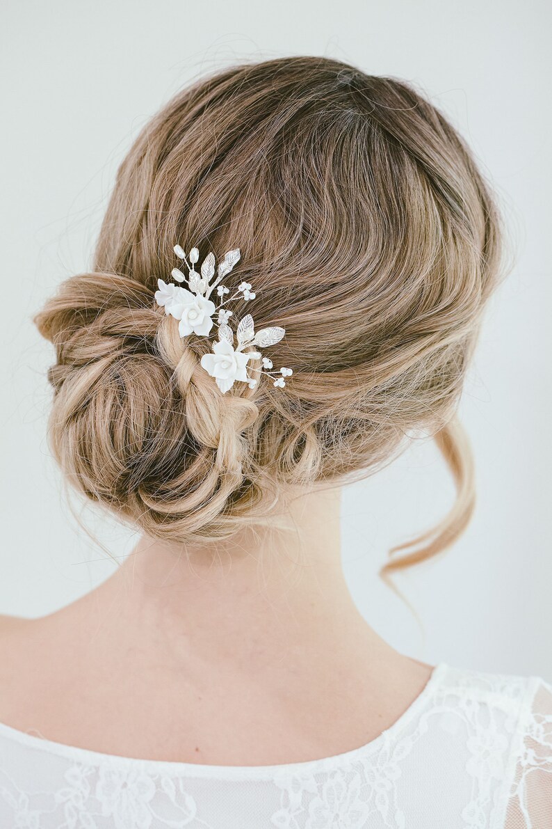 Wedding Clay White Flower Hair Pin Set, Bridal Floral Hair Pins, Flower Hair Accessories, Bridal Hair Pin, Floral Headpiece, Cecilia Pin image 6