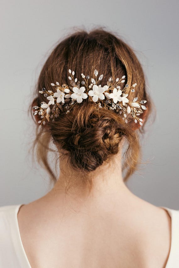 Gold Floral Bridal Hair Comb: Ivory Clay Flowers & Crystal 