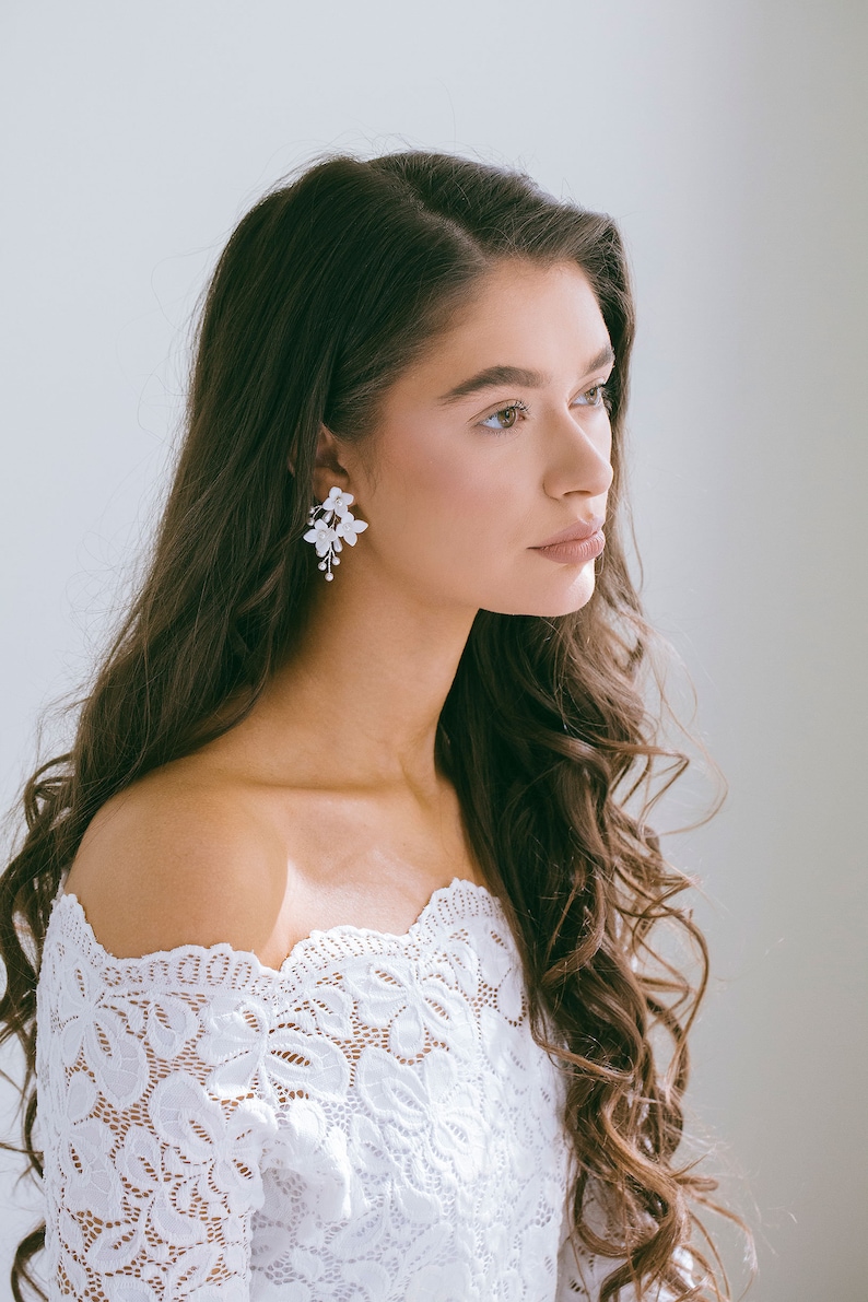 Bridal White Floral Earrings, Clay Flower Earrings, Wedding Flower Earrings, Bridal BOHO Earrings, Bridesmaid Earrings, Blaise image 4