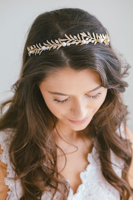 Bridal Tiara Headband Boho Grecian Leaf, Bridal Gold Tiara  display picture 1
