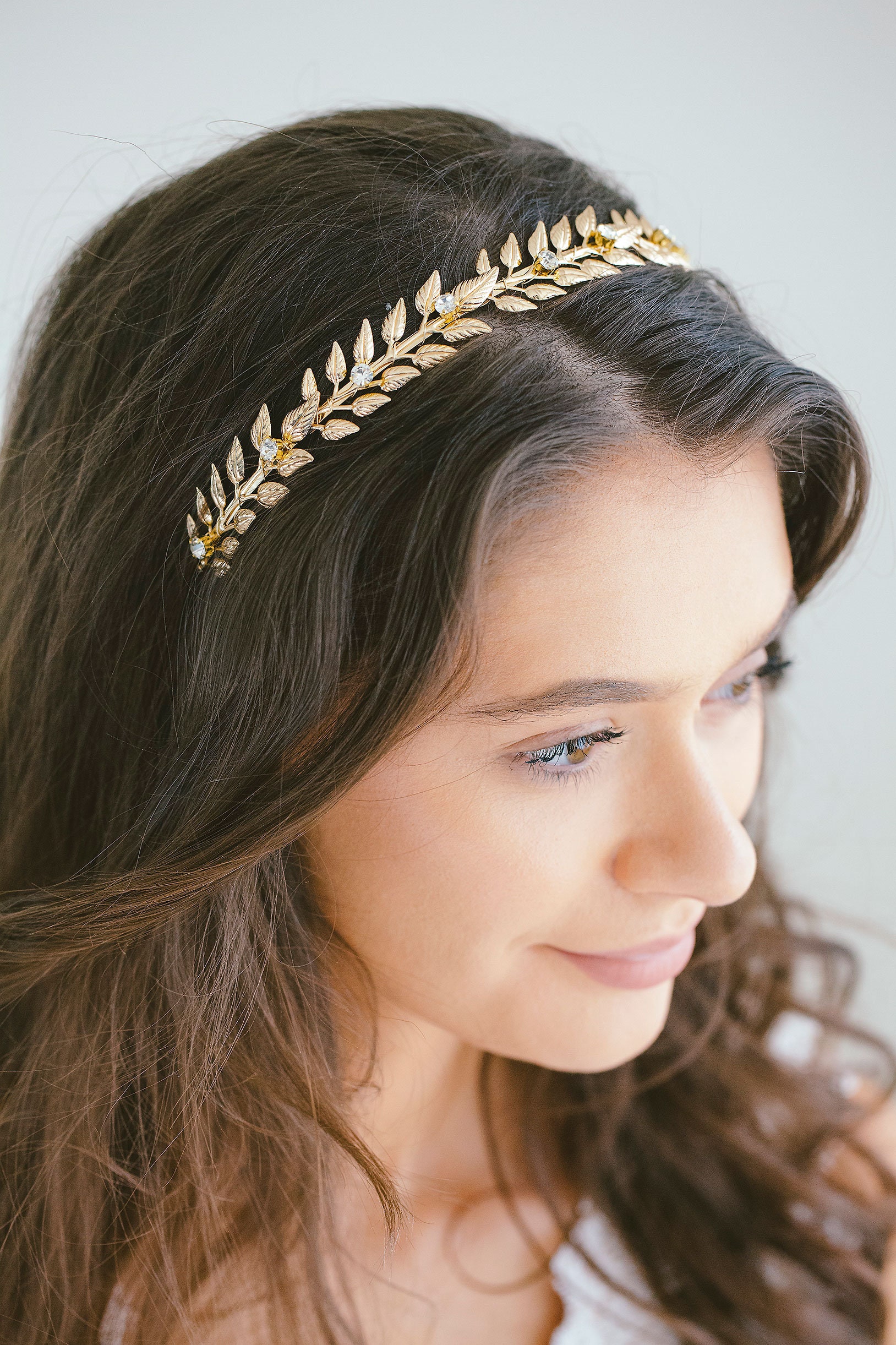Gold Leaf Crystal Headband, Gold Leaf Hair Vine, Wedding Leaf