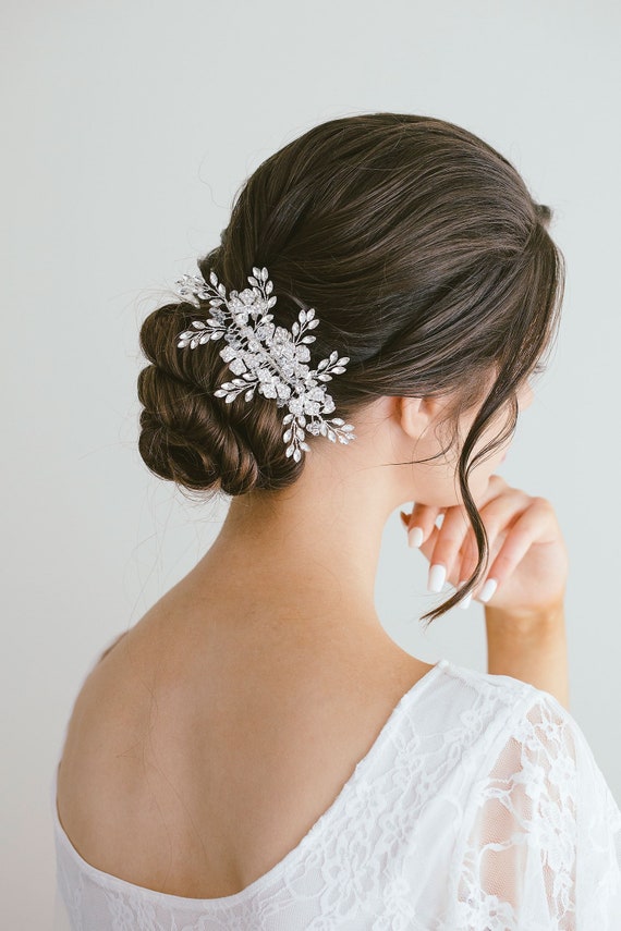 Rhinestone Leaf Wedding Bridal Side Comb, Silver Crystal 