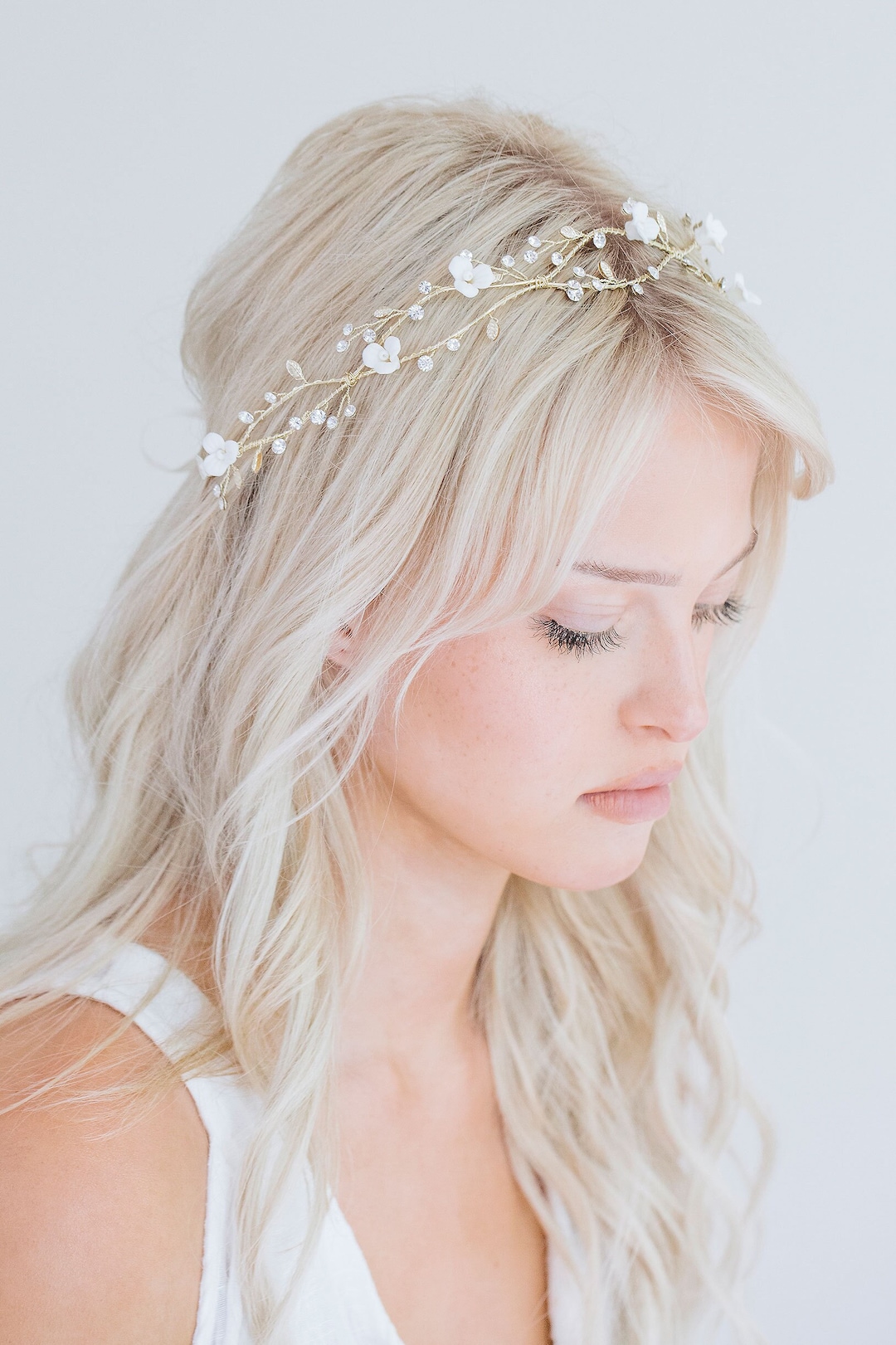 Gold Floral Crystal Hair Vine, BOHO Flower Hair Vine, Gold Leaf Hair