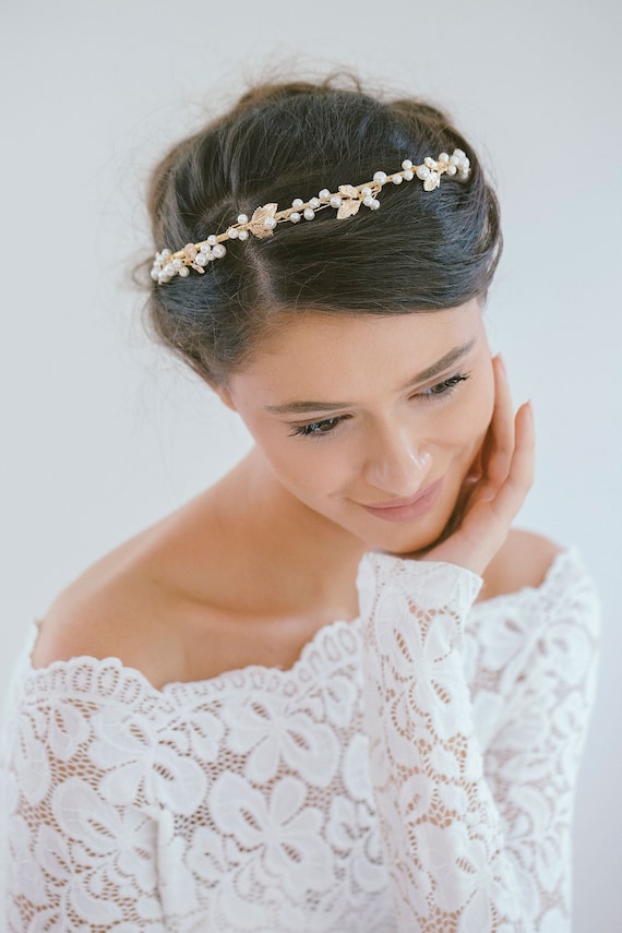 Gold and Pearl Branch Wedding Headband Charlotte - Bridal Crystal Headpiece With Ribbon (14  main image 4