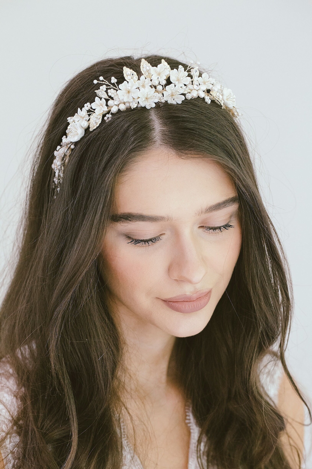 Artificial Champagne Wedding Flower Crowns with Champagne Ribbon