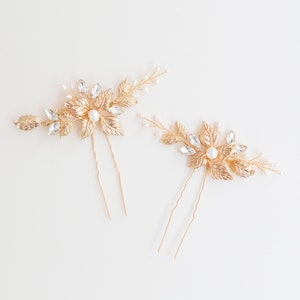 Bridal Gold Leaf Crystal Hair Pins Gold Leaf Hair Pins Gold Hair Pins Floral Hair Pins Bridesmaid Hair Pins, Zelda zdjęcie 9