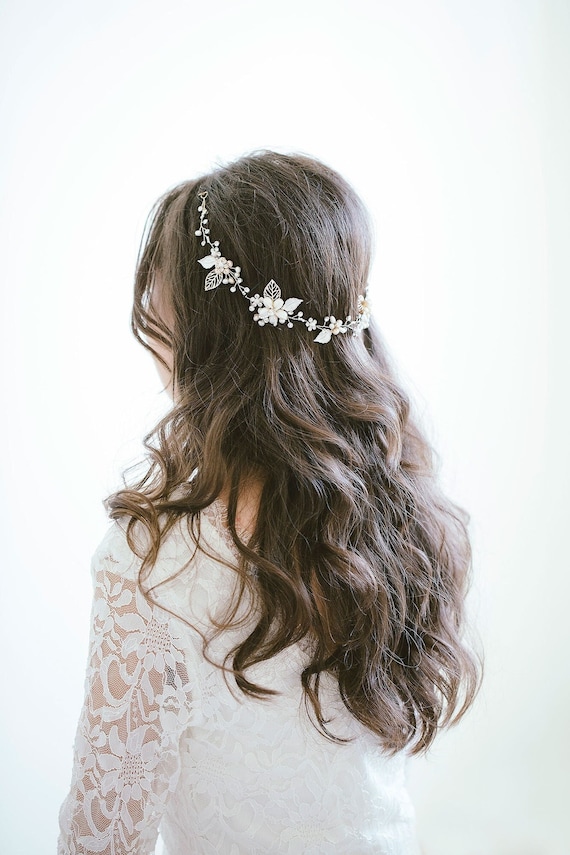 Bridal Gold Pearl Crystal Hair Vine, Wedding Pearl Hair Vine  display picture 1